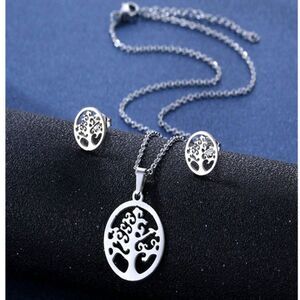 3pc Silver Tree of Life Oval Pendant Necklace Stud Open Earrings Set Gift Jwelry